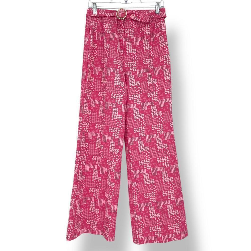 Vintage Rare Trendy Pink & White Check Print Wide-Leg Pants with Belt